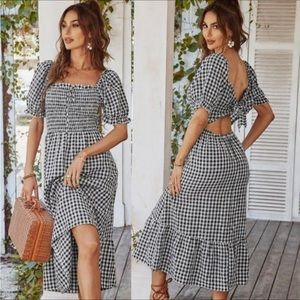 Women's Tiered Black And White Midi Puff Sleeve Cut Out Open Back Summer Dress